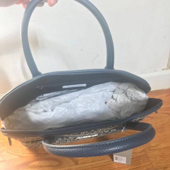 Kenneth Cole Signature Monogram Navy Blue Cruise Dome Satchel Purse Handbag Bag - Picture 5 of 11